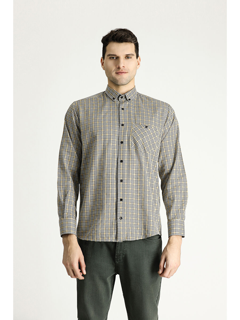Bej Uzun Kol Regular Fit Oduncu Ekose Pamuklu Kolay Ütülenebilir Gömlek-2