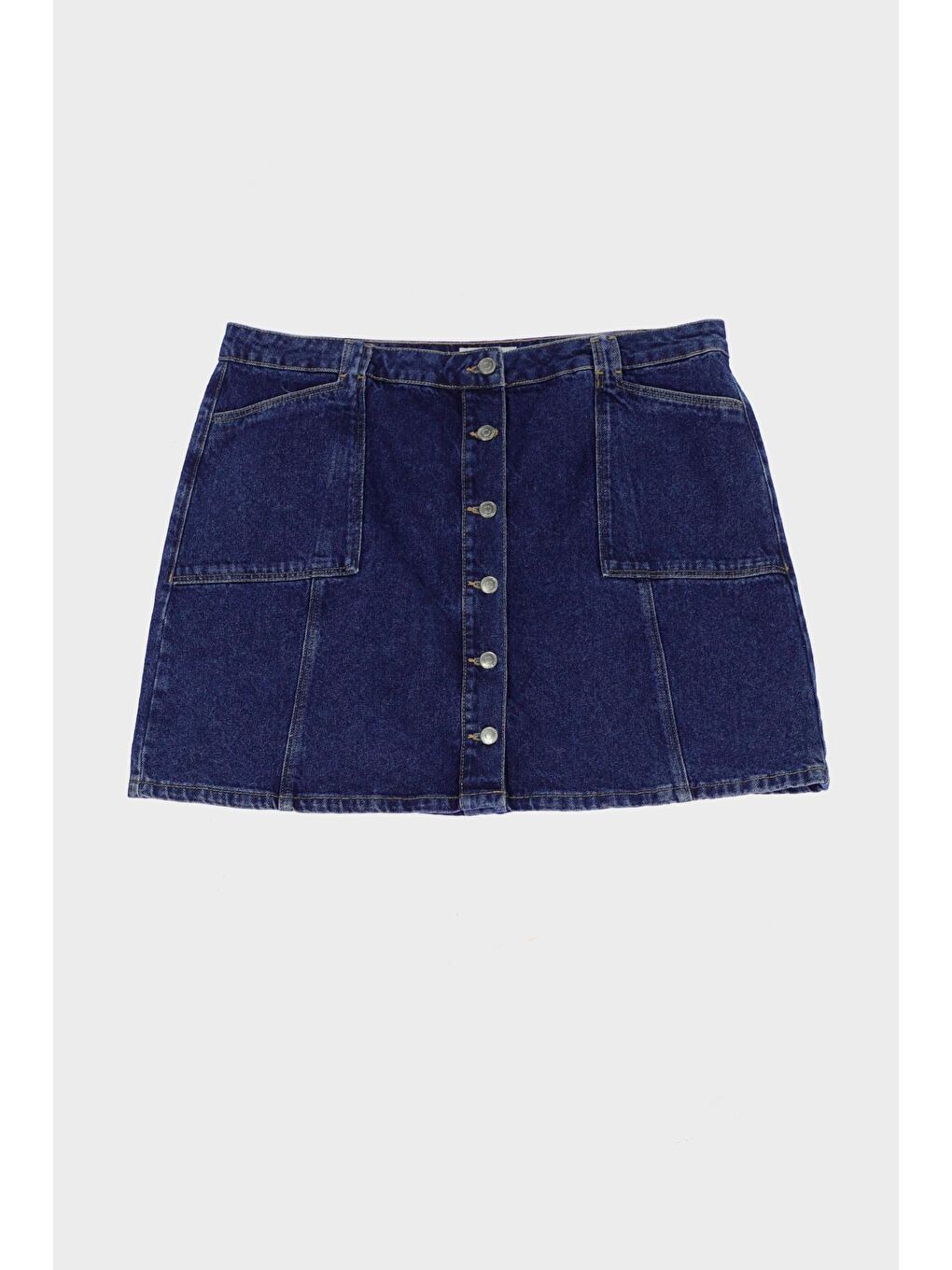 Koyu Mavi Yüksek Bel Patı Düğmeli Mini Jean Etek C 4532-029