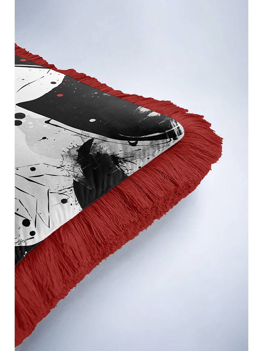 Karışık Sanatsal Portre Saçaklı Yastık Kılıfı - Minimal Modern Siyah Beyaz Kırmızı Püsküllü Kırlent Kılıfı-6