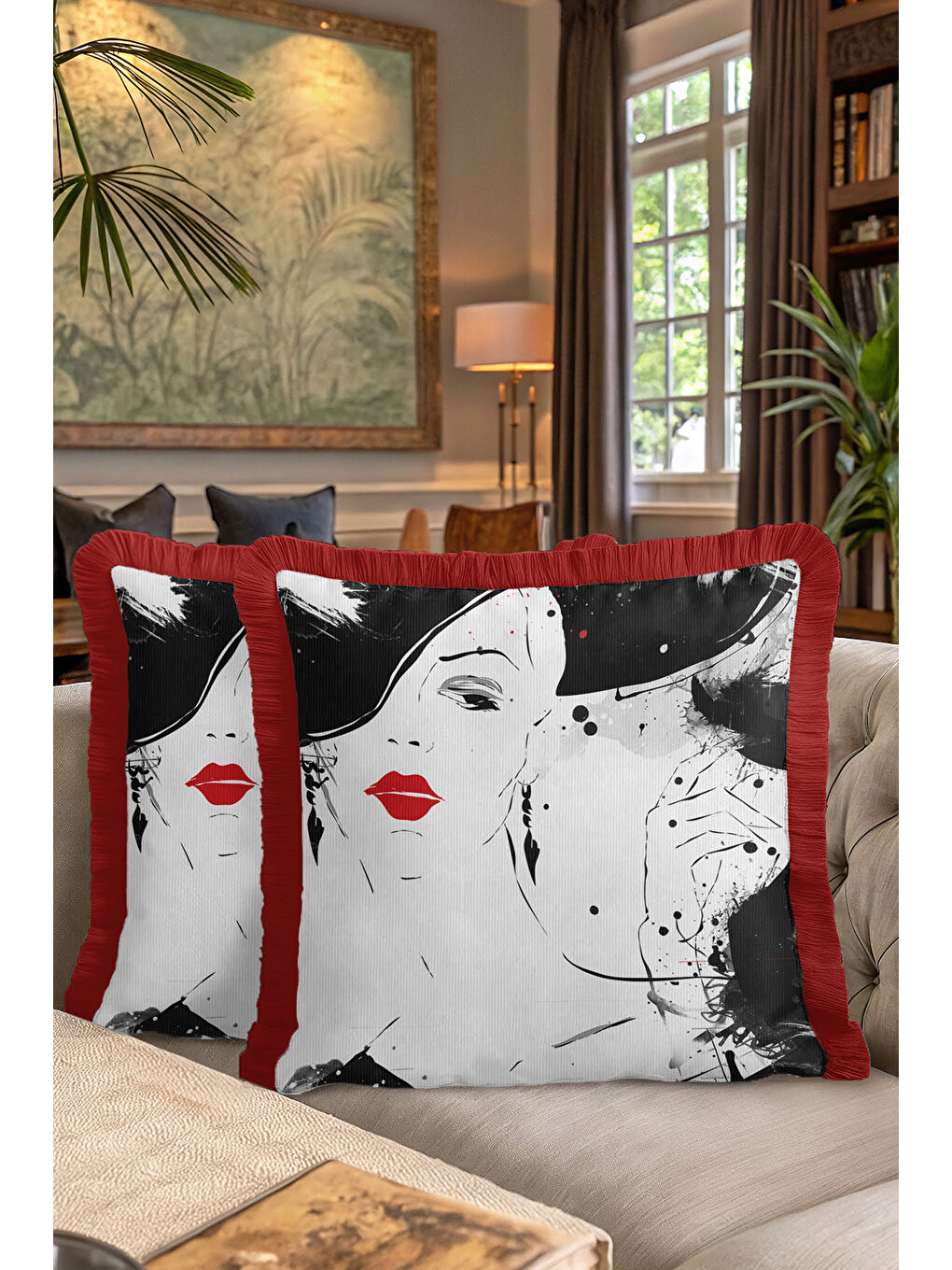 Karışık Sanatsal Portre Saçaklı Yastık Kılıfı - Minimal Modern Siyah Beyaz Kırmızı Püsküllü Kırlent Kılıfı-7
