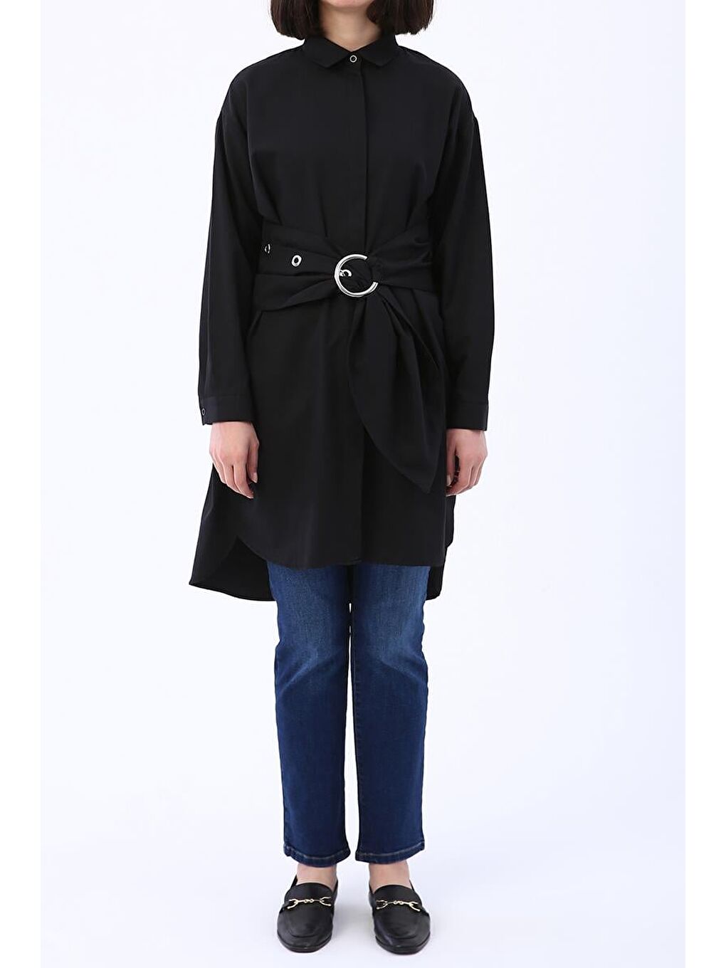 Siyah Kuşaklı Rahat Kalıp Gömlek Tunik-1