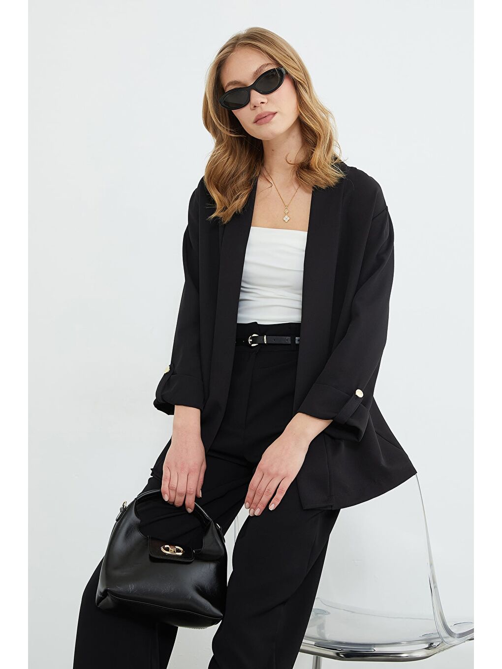 Siyah Kolu Katlamalı Şal Yaka Relax Fit Blazer Ceket