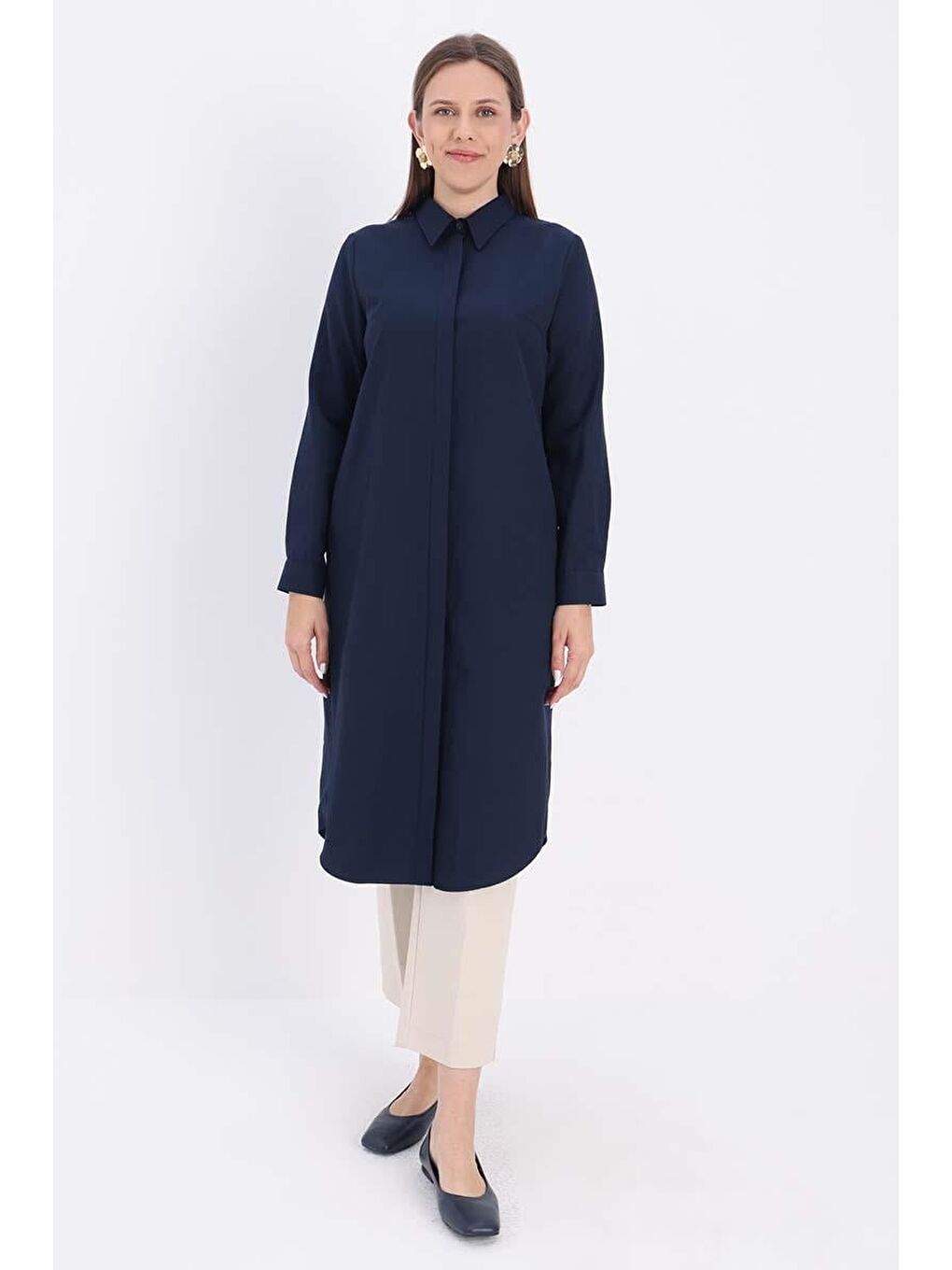 Lacivert Basic Gizli Patlı Uzun Gömlek-1