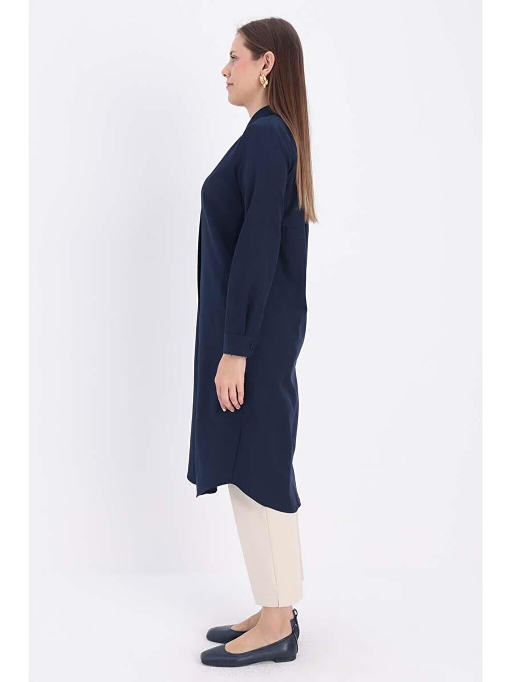 Lacivert Basic Gizli Patlı Uzun Gömlek-2