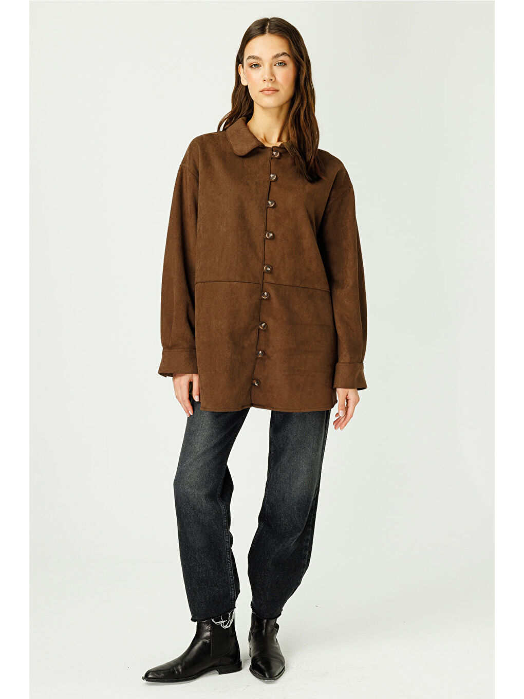 Kahverengi Suede Birit Detaylı Kahve Süet Gömlek