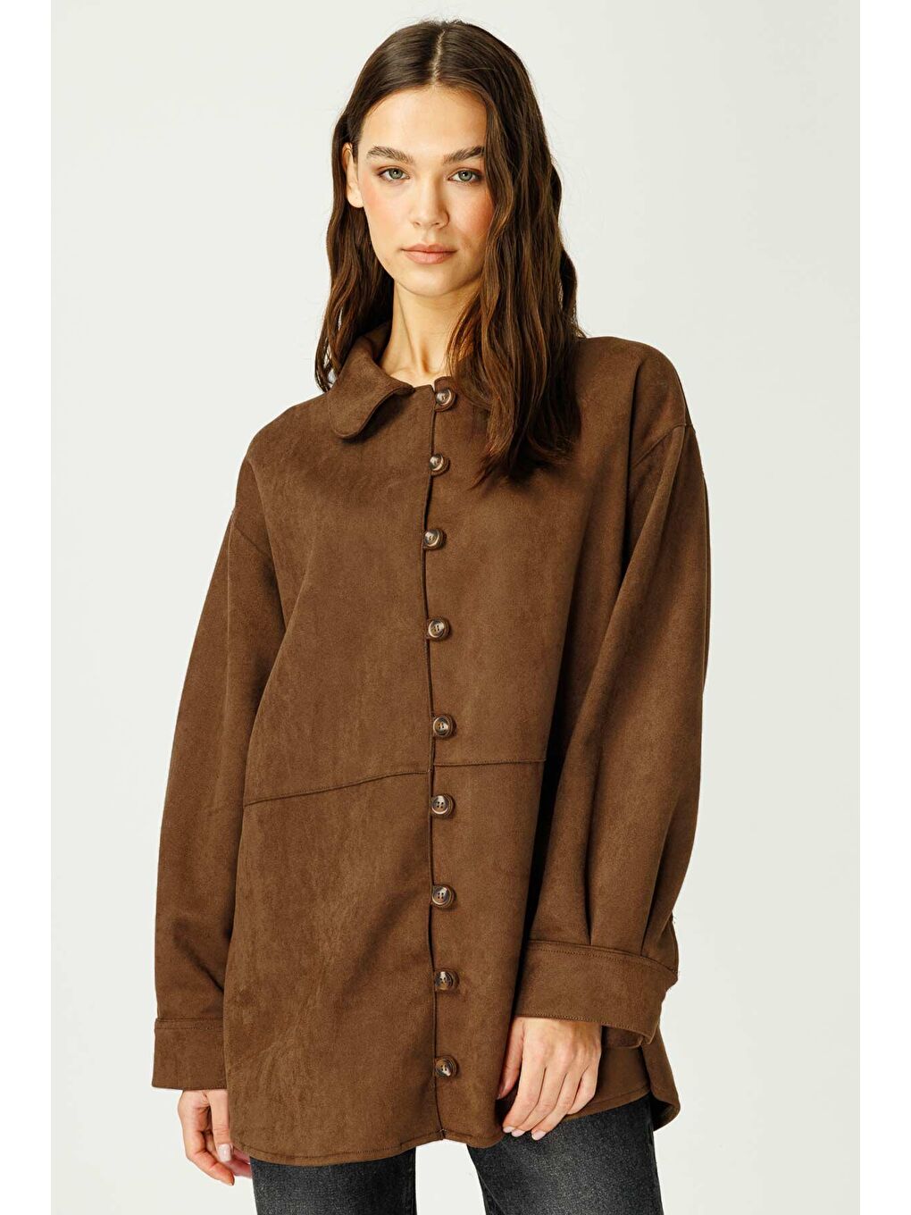 Kahverengi Suede Birit Detaylı Kahve Süet Gömlek-1