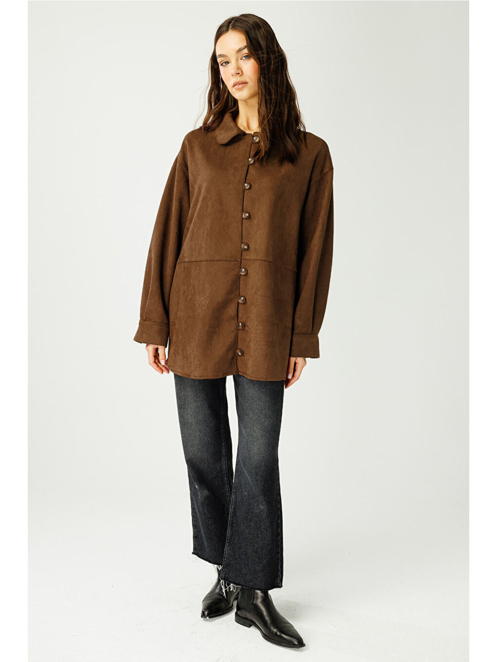 Kahverengi Suede Birit Detaylı Kahve Süet Gömlek-2