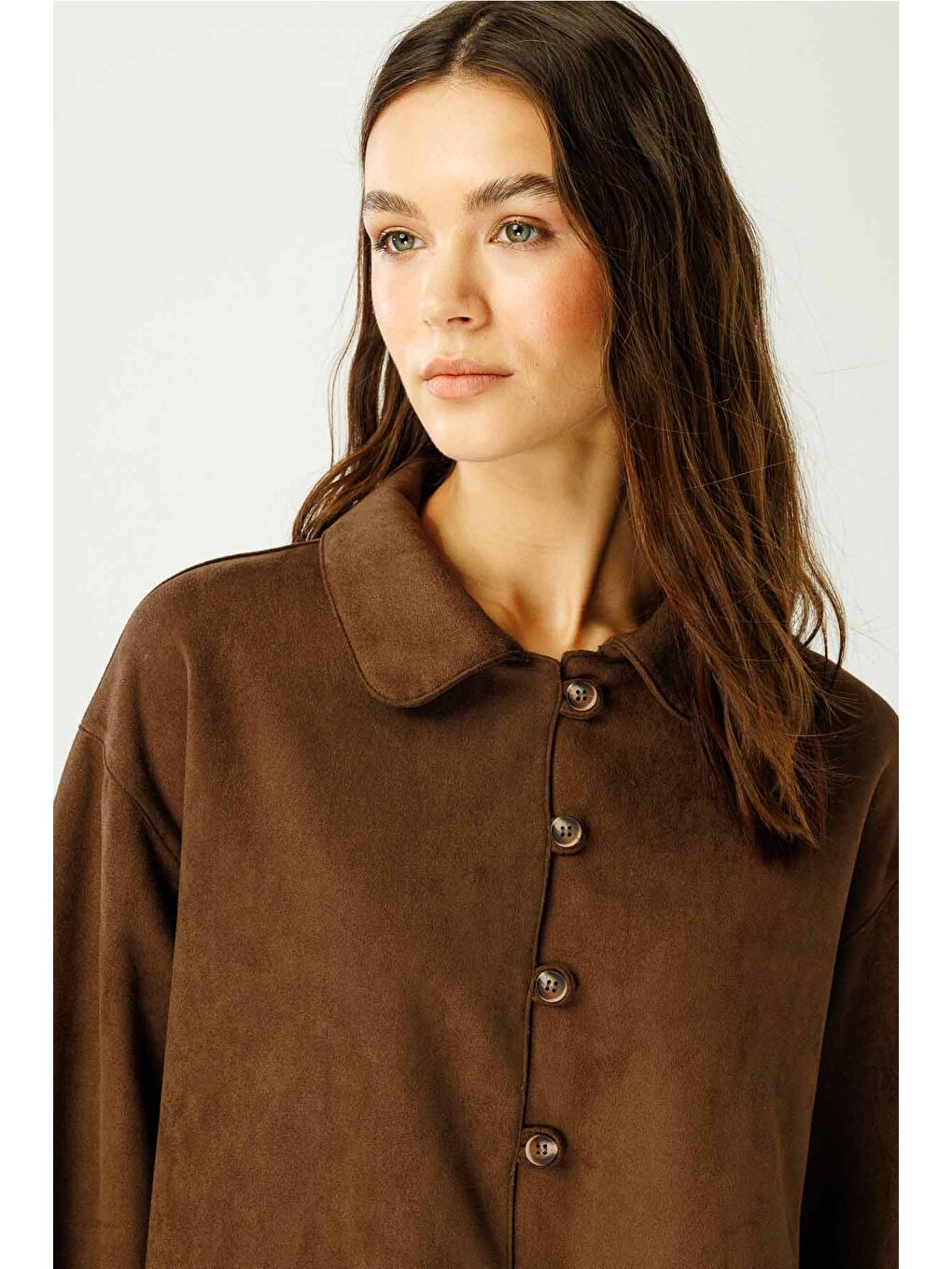 Kahverengi Suede Birit Detaylı Kahve Süet Gömlek-3