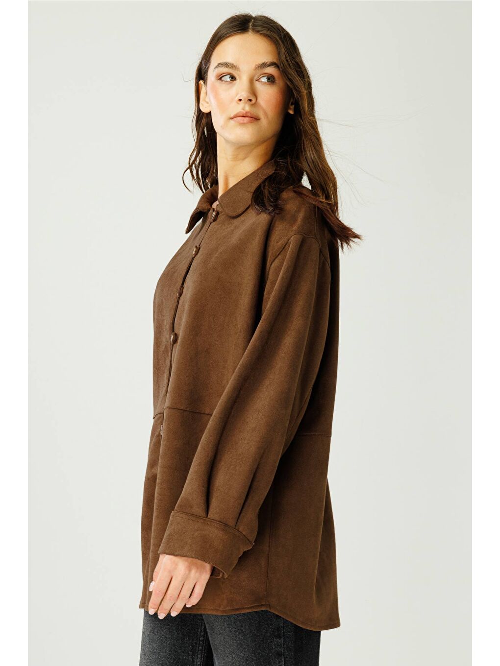 Kahverengi Suede Birit Detaylı Kahve Süet Gömlek-4