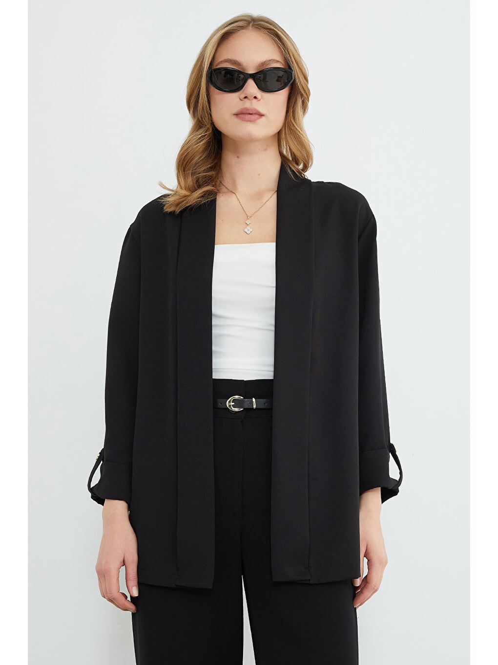 Siyah Kolu Katlamalı Şal Yaka Relax Fit Blazer Ceket-2