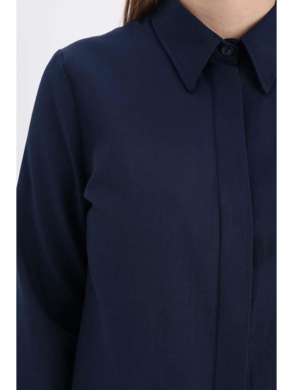 Lacivert Basic Gizli Patlı Uzun Gömlek-4