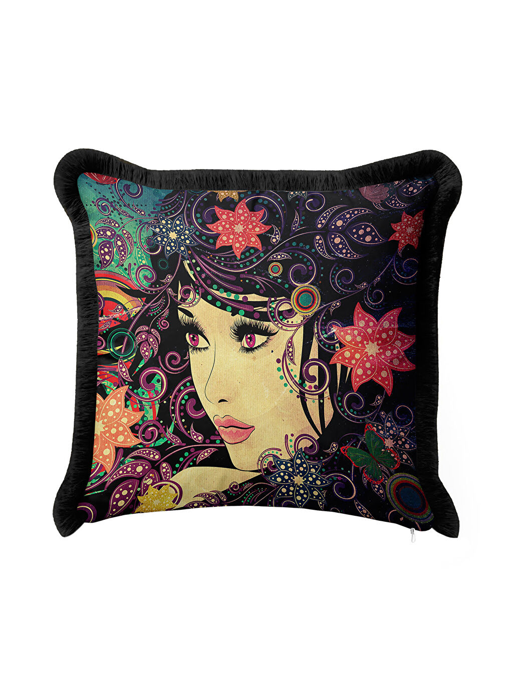 Karışık Sanatsal Kadın Portre Saçaklı Yastık Kılıfı - Renkli Bohem Koyu Zemin Siyah Püsküllü Kırlent Kılıfı-3