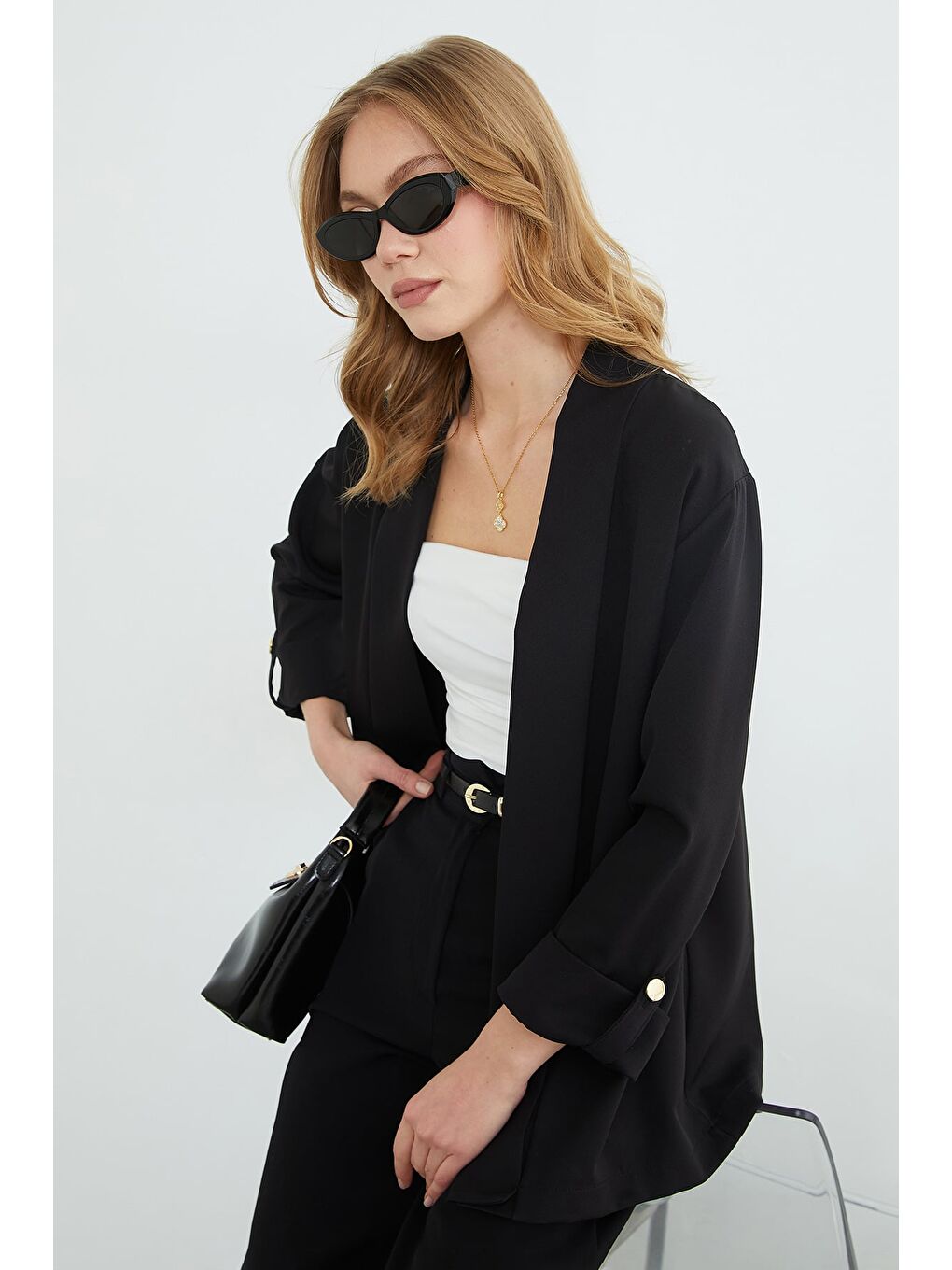 Siyah Kolu Katlamalı Şal Yaka Relax Fit Blazer Ceket-4