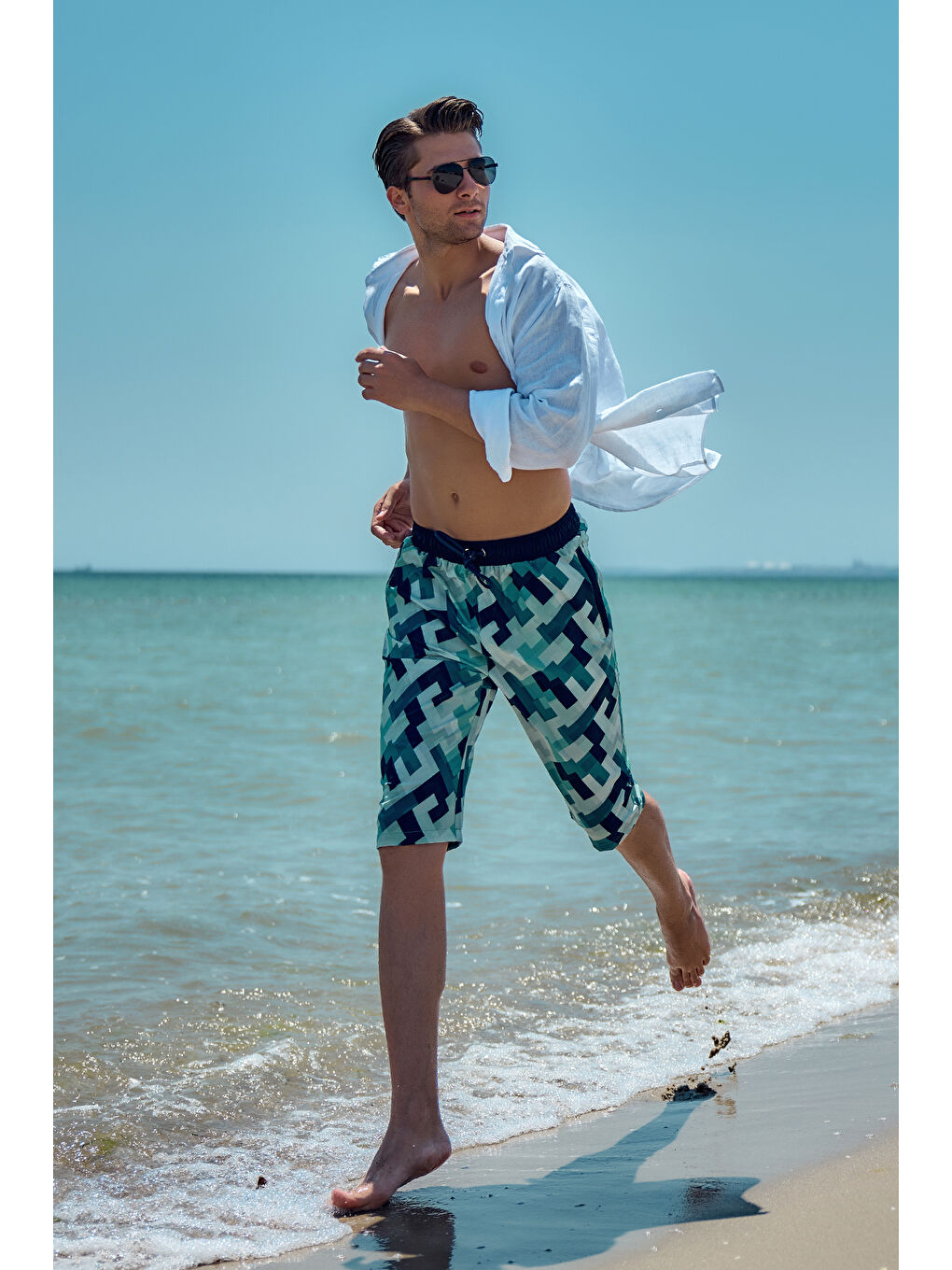 Erkek Havuz Deniz Uzun Kapri Şort Mayo RK003 Mavi-1