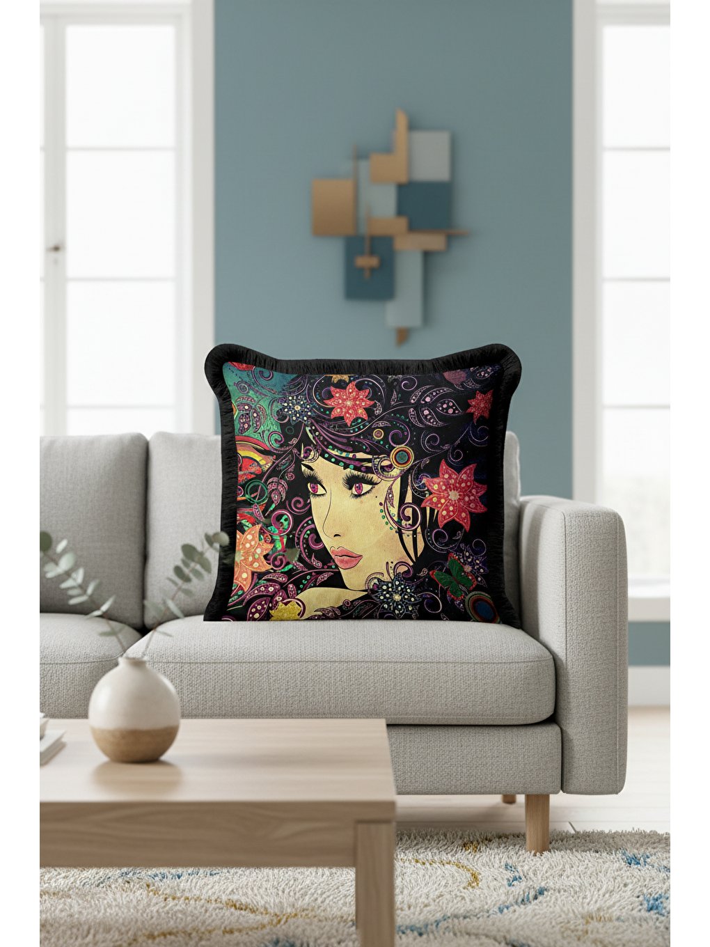 Karışık Sanatsal Kadın Portre Saçaklı Yastık Kılıfı - Renkli Bohem Koyu Zemin Siyah Püsküllü Kırlent Kılıfı-4