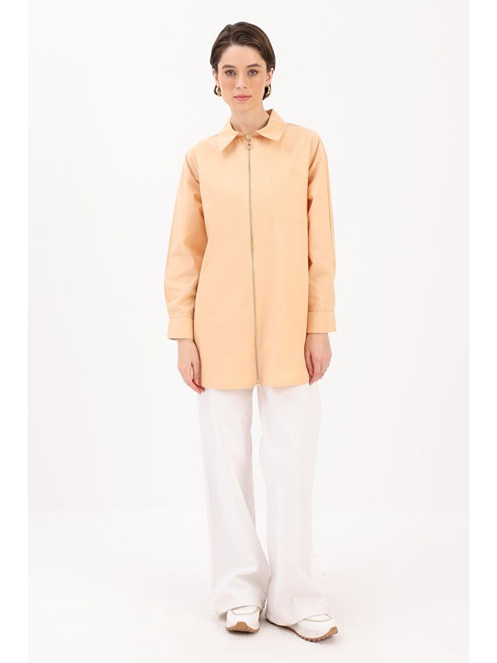 Bej %100 Pamuk Fermuarlı Manşeti Dubleli Gömlek Tunik-1