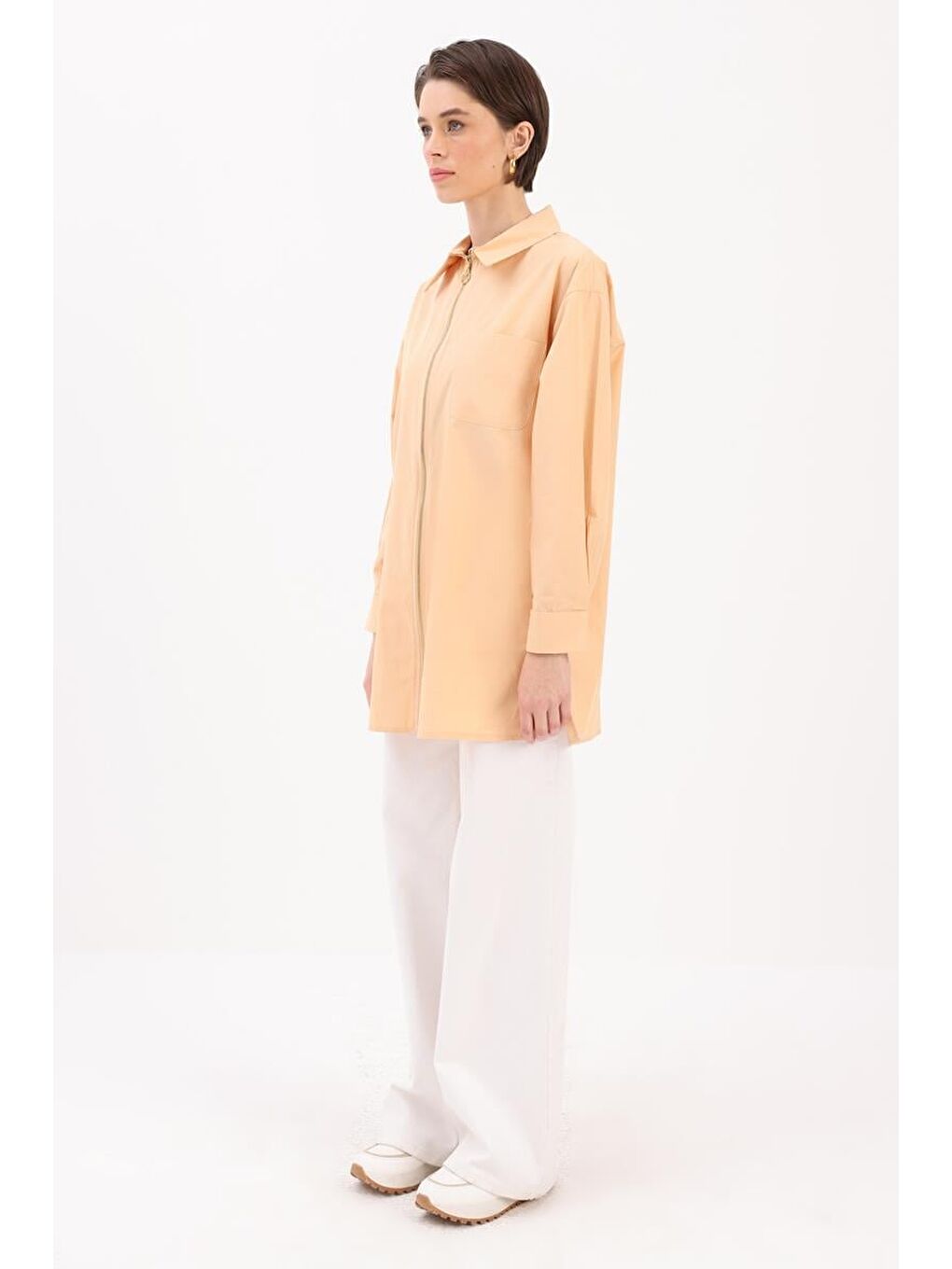 Bej %100 Pamuk Fermuarlı Manşeti Dubleli Gömlek Tunik-2