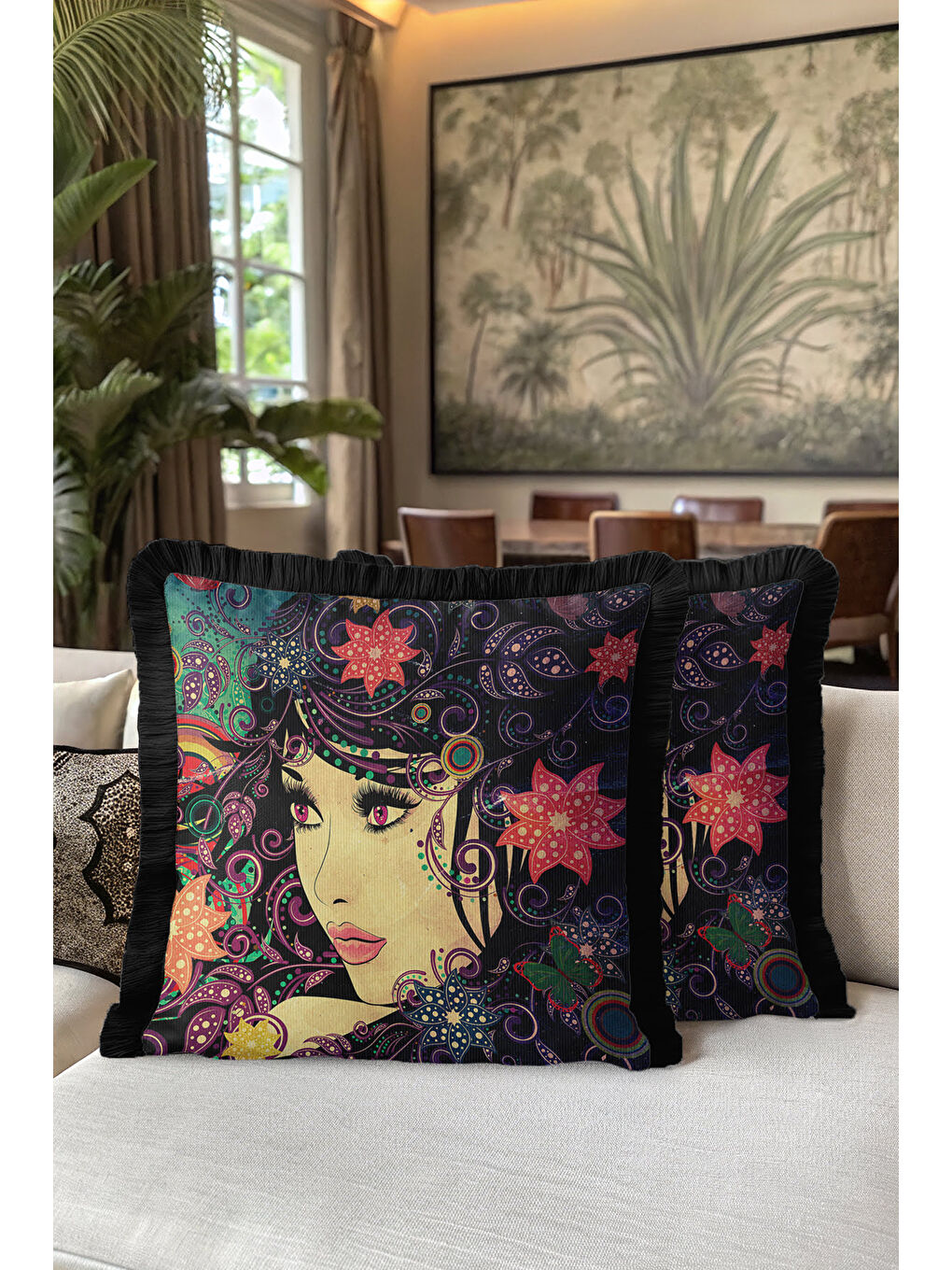 Karışık Sanatsal Kadın Portre Saçaklı Yastık Kılıfı - Renkli Bohem Koyu Zemin Siyah Püsküllü Kırlent Kılıfı-5
