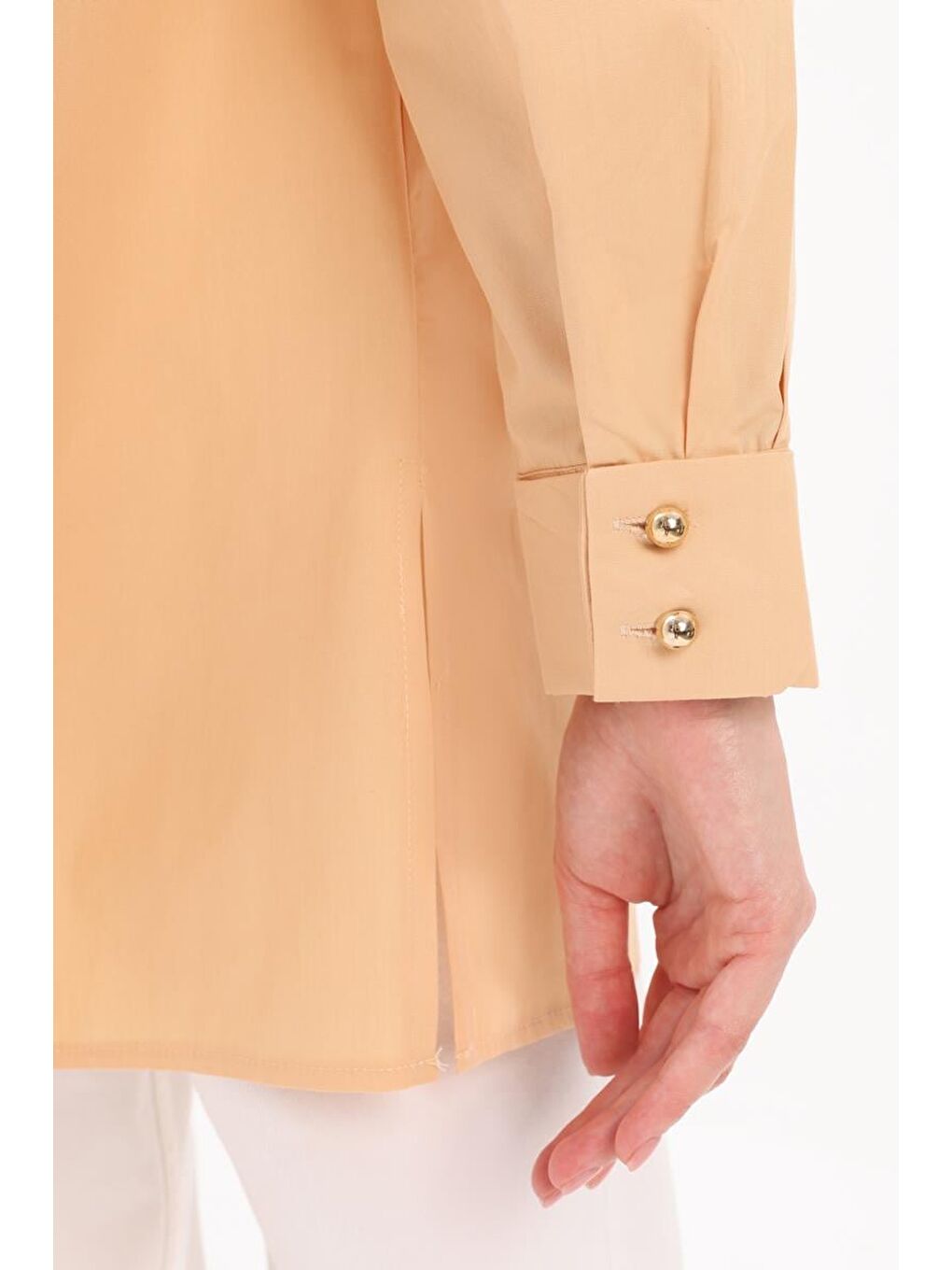 Bej %100 Pamuk Fermuarlı Manşeti Dubleli Gömlek Tunik-4