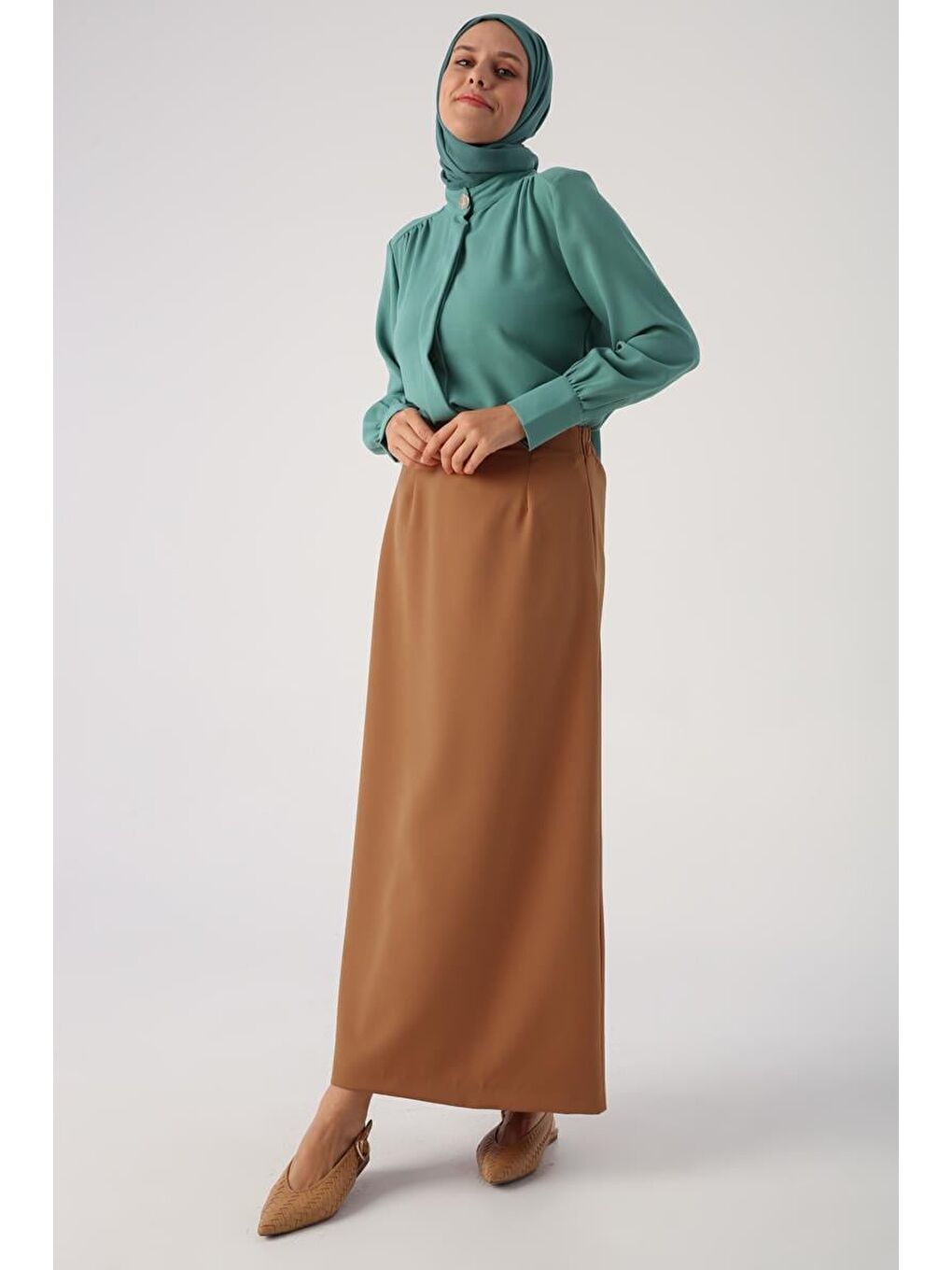 Sarı Hardal Beli Lastikli Kalem Etek