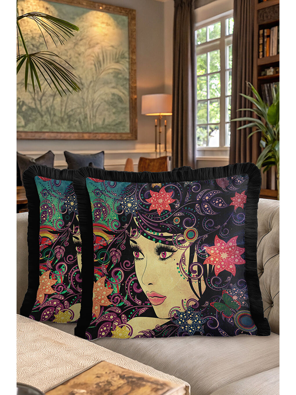 Karışık Sanatsal Kadın Portre Saçaklı Yastık Kılıfı - Renkli Bohem Koyu Zemin Siyah Püsküllü Kırlent Kılıfı-7