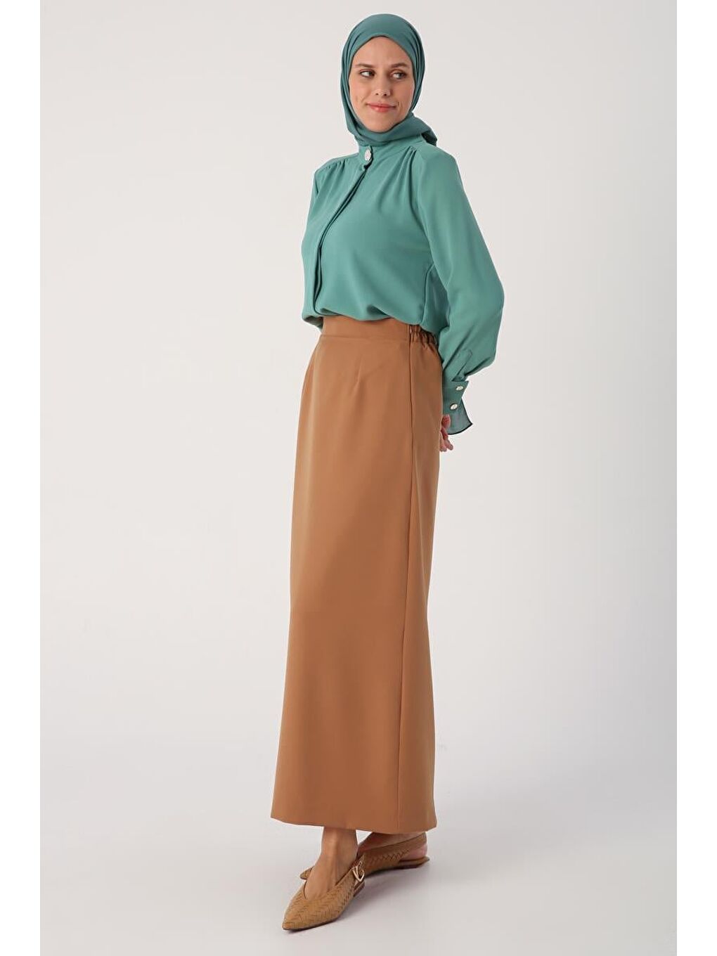 Sarı Hardal Beli Lastikli Kalem Etek-2