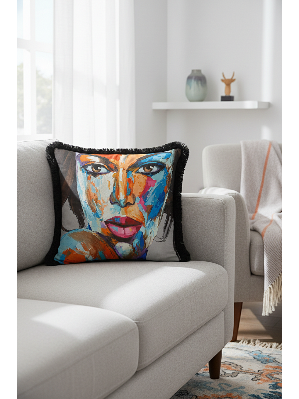 Karışık Renkli Sanat İllüstrasyonlu Saçaklı Yastık Kılıfı - Portre Bohem Mavi Siyah Püsküllü Kırlent Kılıfı