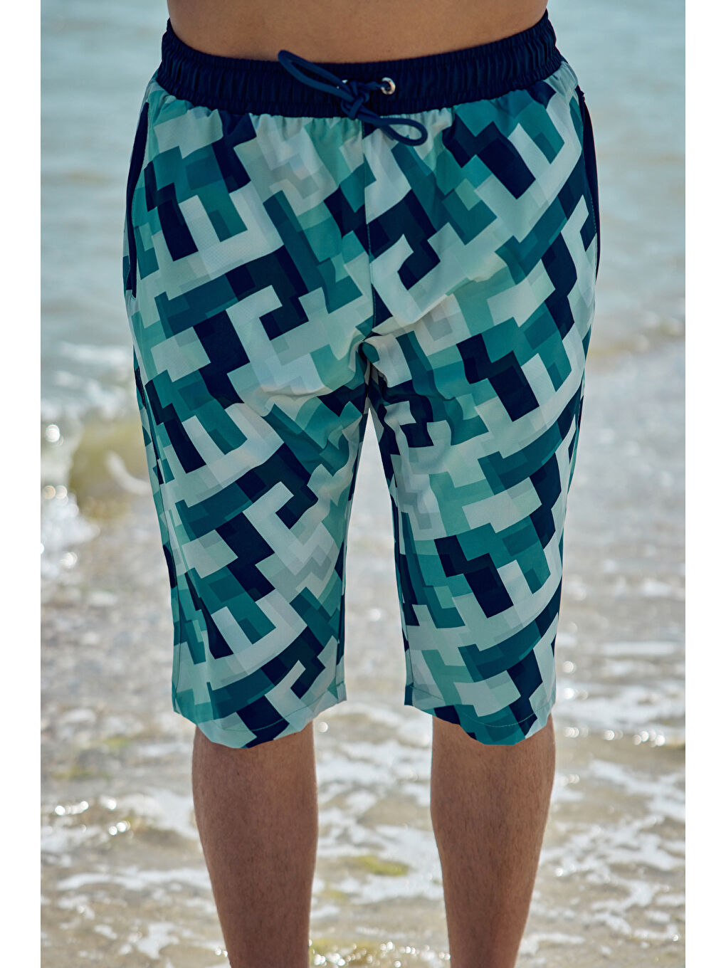 Erkek Havuz Deniz Uzun Kapri Şort Mayo RK003 Mavi-2