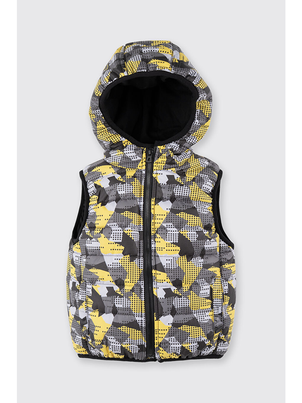 Erkek Bebek Desenli Kapüşonlu Şişme Siyah Yelek