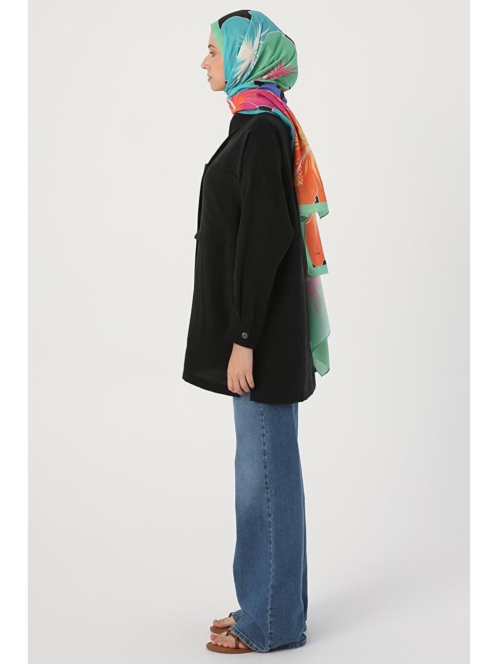 Siyah Rahat Kalıp Karışımlı Gömlek Tunik-1