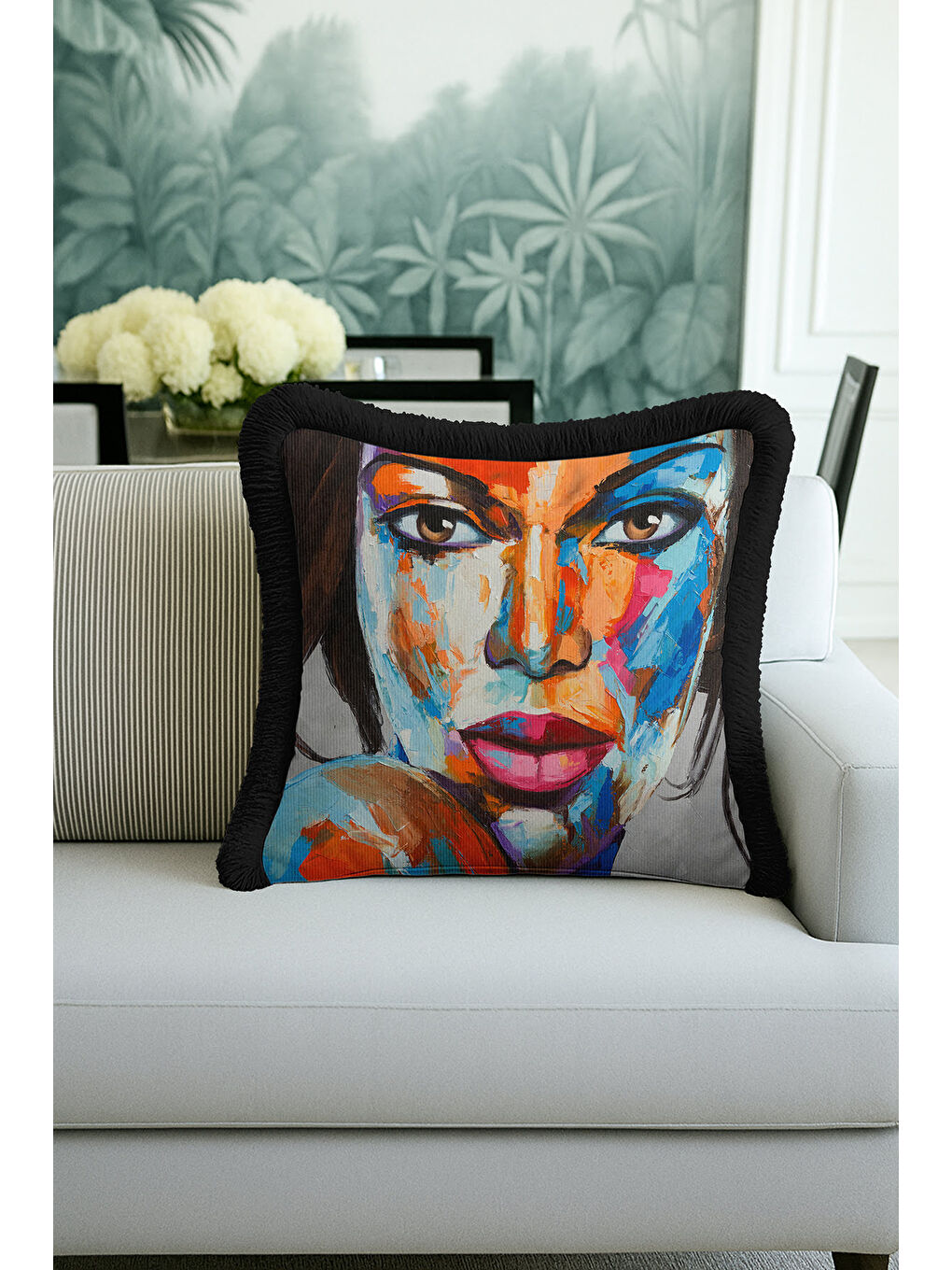 Karışık Renkli Sanat İllüstrasyonlu Saçaklı Yastık Kılıfı - Portre Bohem Mavi Siyah Püsküllü Kırlent Kılıfı-1