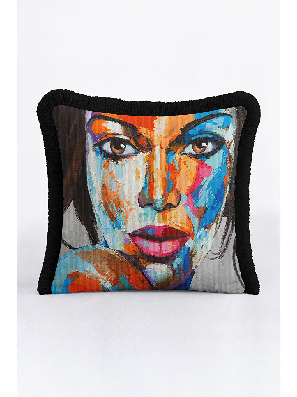 Karışık Renkli Sanat İllüstrasyonlu Saçaklı Yastık Kılıfı - Portre Bohem Mavi Siyah Püsküllü Kırlent Kılıfı-2