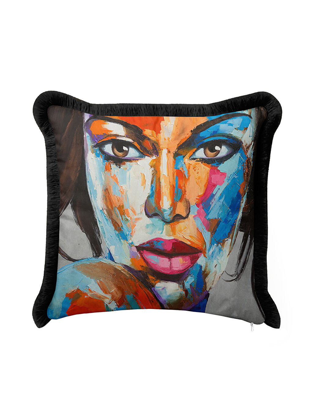 Karışık Renkli Sanat İllüstrasyonlu Saçaklı Yastık Kılıfı - Portre Bohem Mavi Siyah Püsküllü Kırlent Kılıfı-3