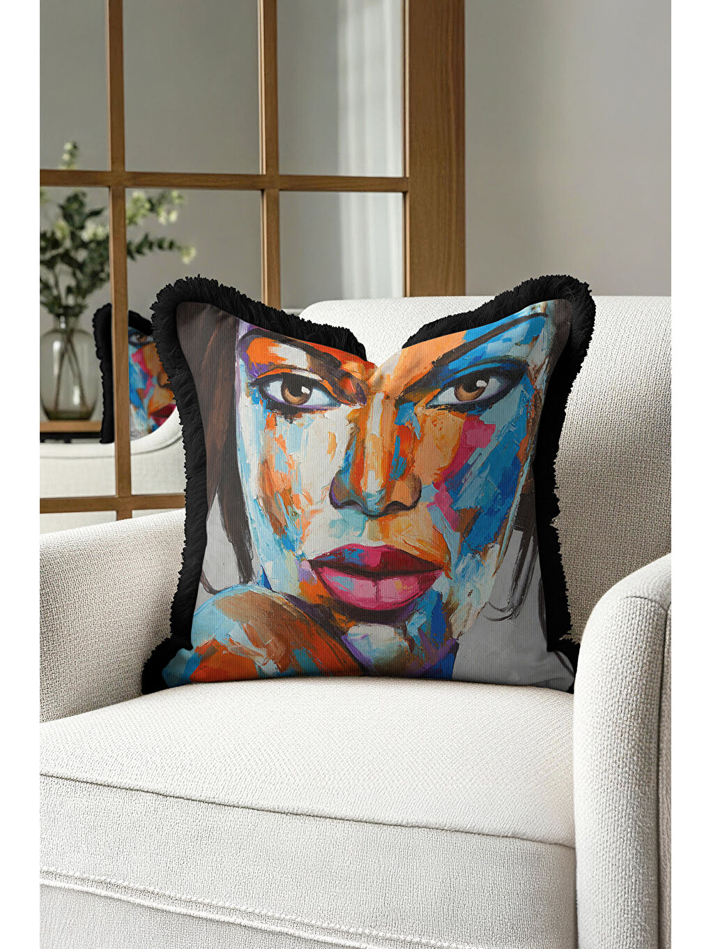 Karışık Renkli Sanat İllüstrasyonlu Saçaklı Yastık Kılıfı - Portre Bohem Mavi Siyah Püsküllü Kırlent Kılıfı-4