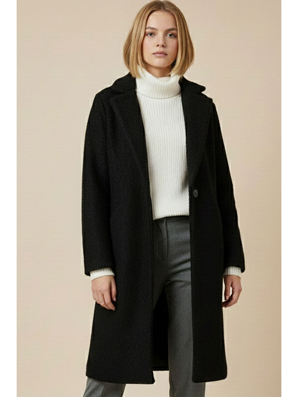 9085 Kadın Oversize Kaşe Kaban - D. Siyah-1