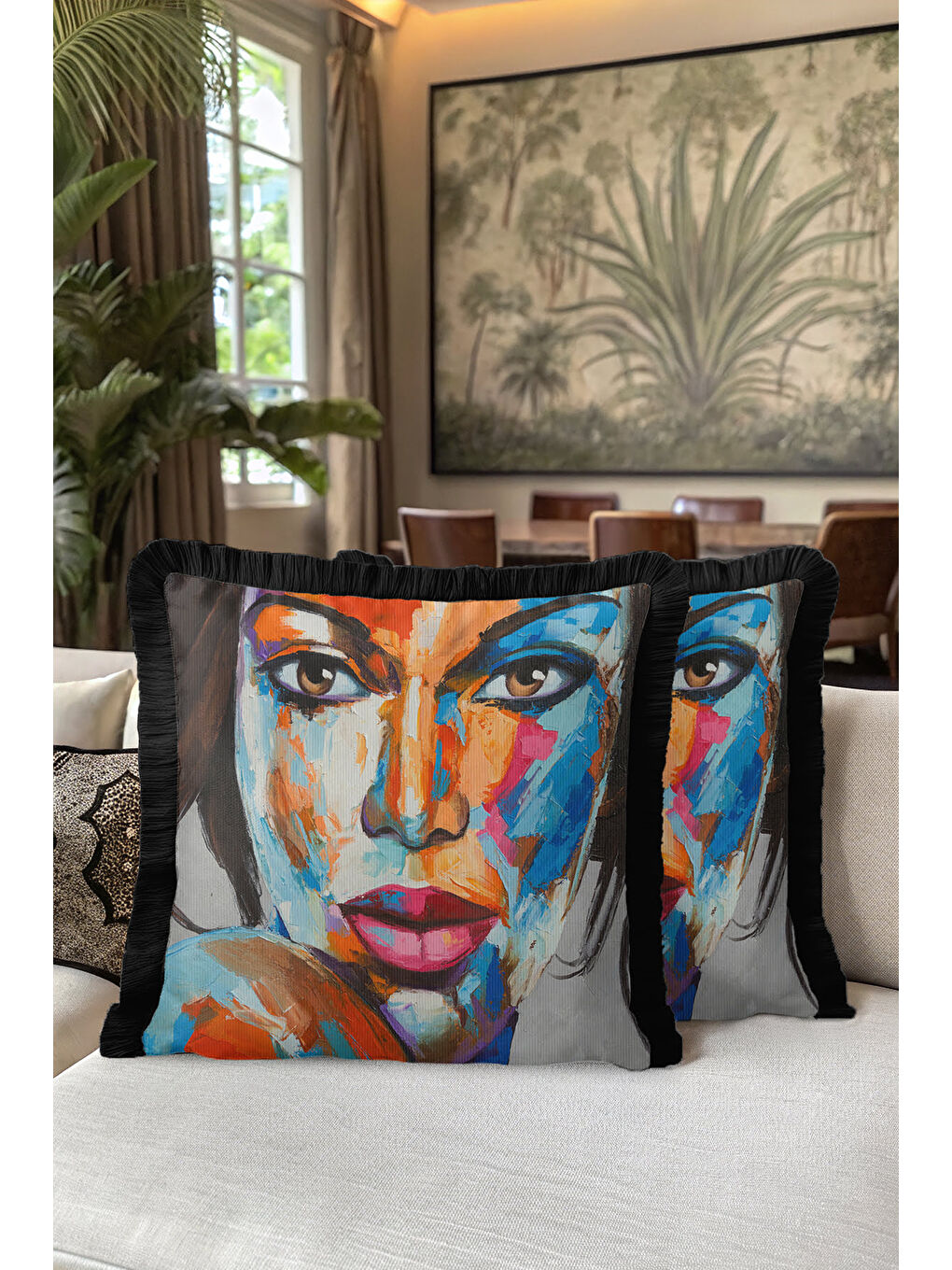 Karışık Renkli Sanat İllüstrasyonlu Saçaklı Yastık Kılıfı - Portre Bohem Mavi Siyah Püsküllü Kırlent Kılıfı-5
