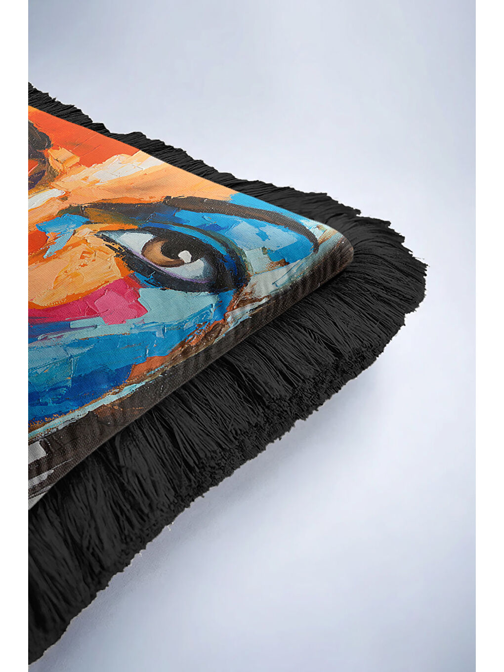 Karışık Renkli Sanat İllüstrasyonlu Saçaklı Yastık Kılıfı - Portre Bohem Mavi Siyah Püsküllü Kırlent Kılıfı-6