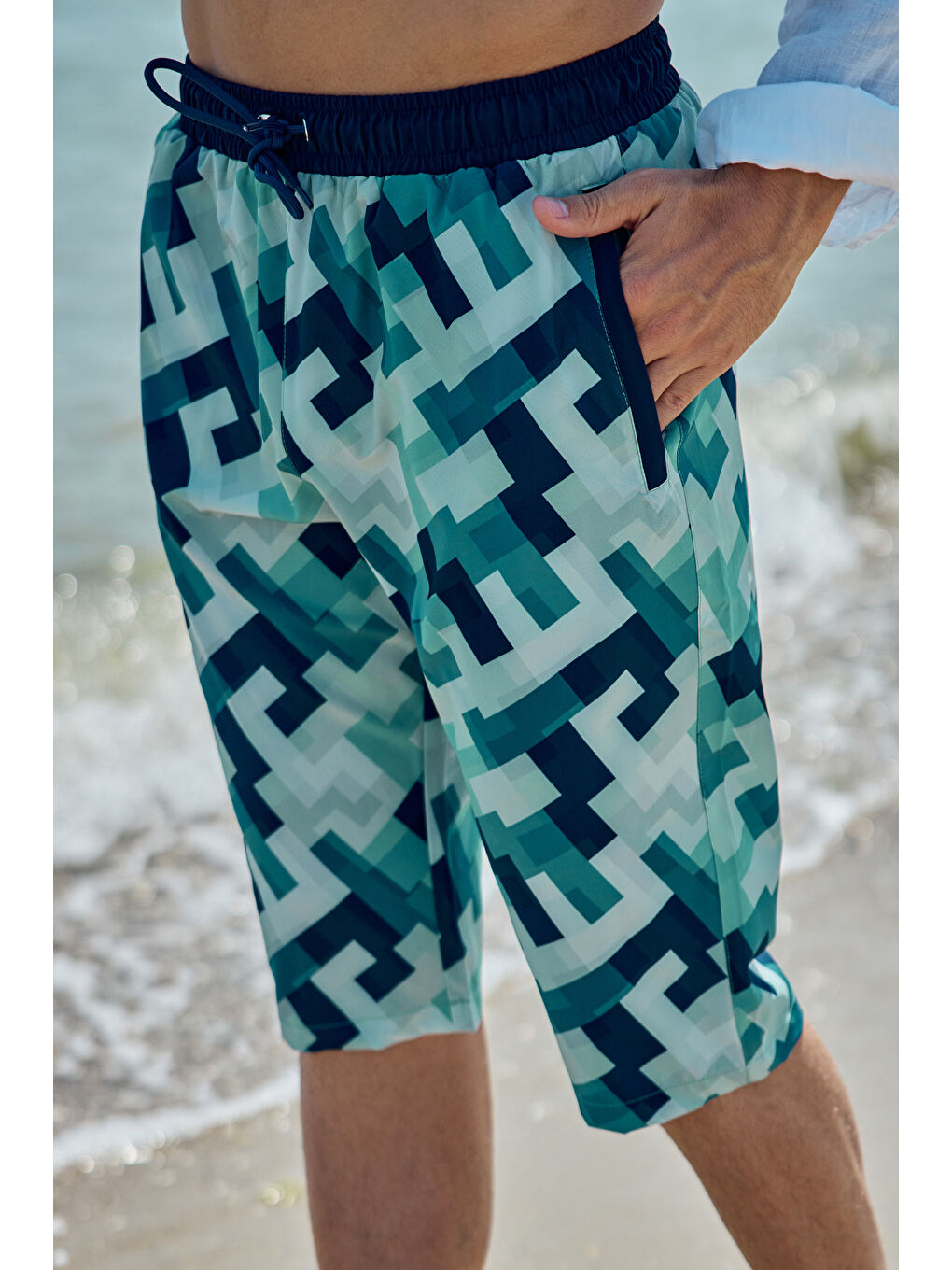 Erkek Havuz Deniz Uzun Kapri Şort Mayo RK003 Mavi-7