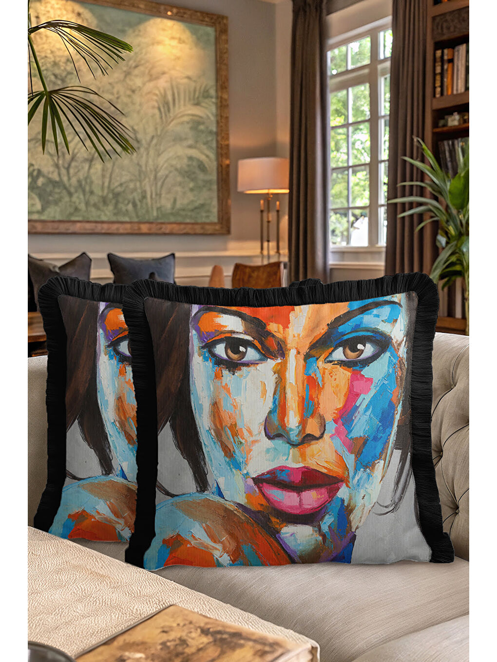Karışık Renkli Sanat İllüstrasyonlu Saçaklı Yastık Kılıfı - Portre Bohem Mavi Siyah Püsküllü Kırlent Kılıfı-7
