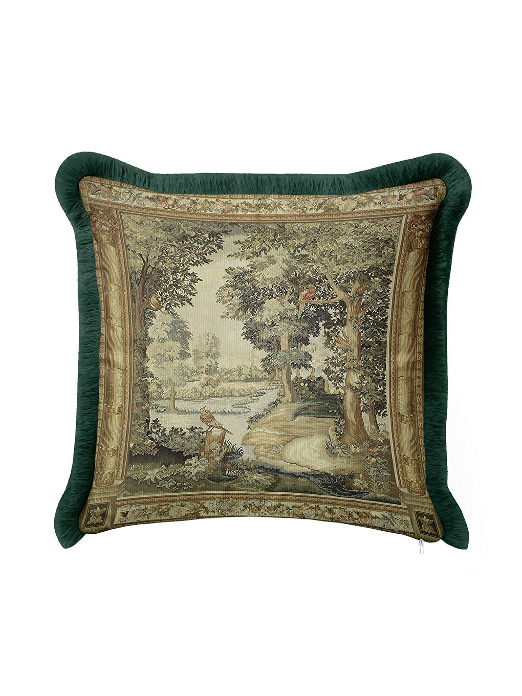 Karışık Avangart Doğal Manzara Saçaklı Yastık Kılıfı - Klasik Vintage Yeşil Gold Renk Püsküllü Kırlent Kılıf-1