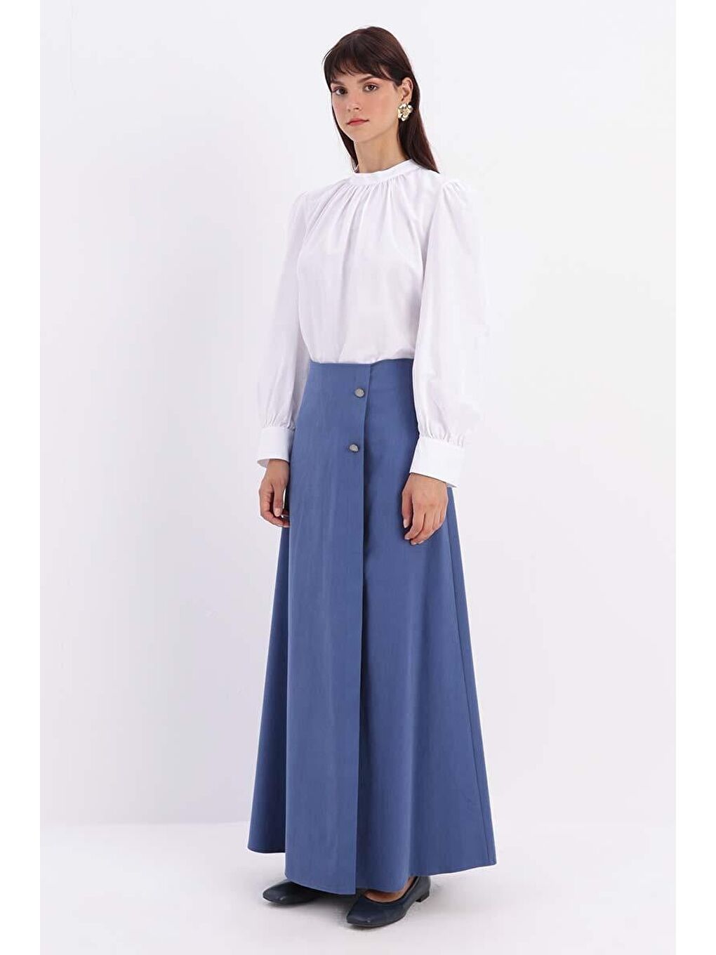 Mavi Pamuklu Rahat Kalıp Düğme Detaylı Etek-2