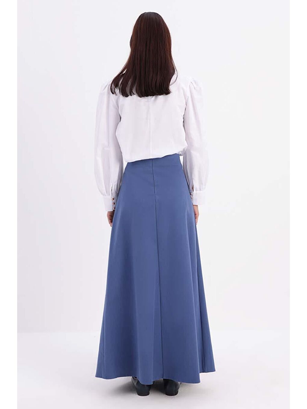 Mavi Pamuklu Rahat Kalıp Düğme Detaylı Etek-3