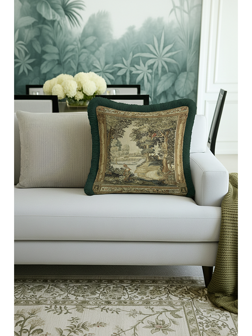 Karışık Avangart Doğal Manzara Saçaklı Yastık Kılıfı - Klasik Vintage Yeşil Gold Renk Püsküllü Kırlent Kılıf-2