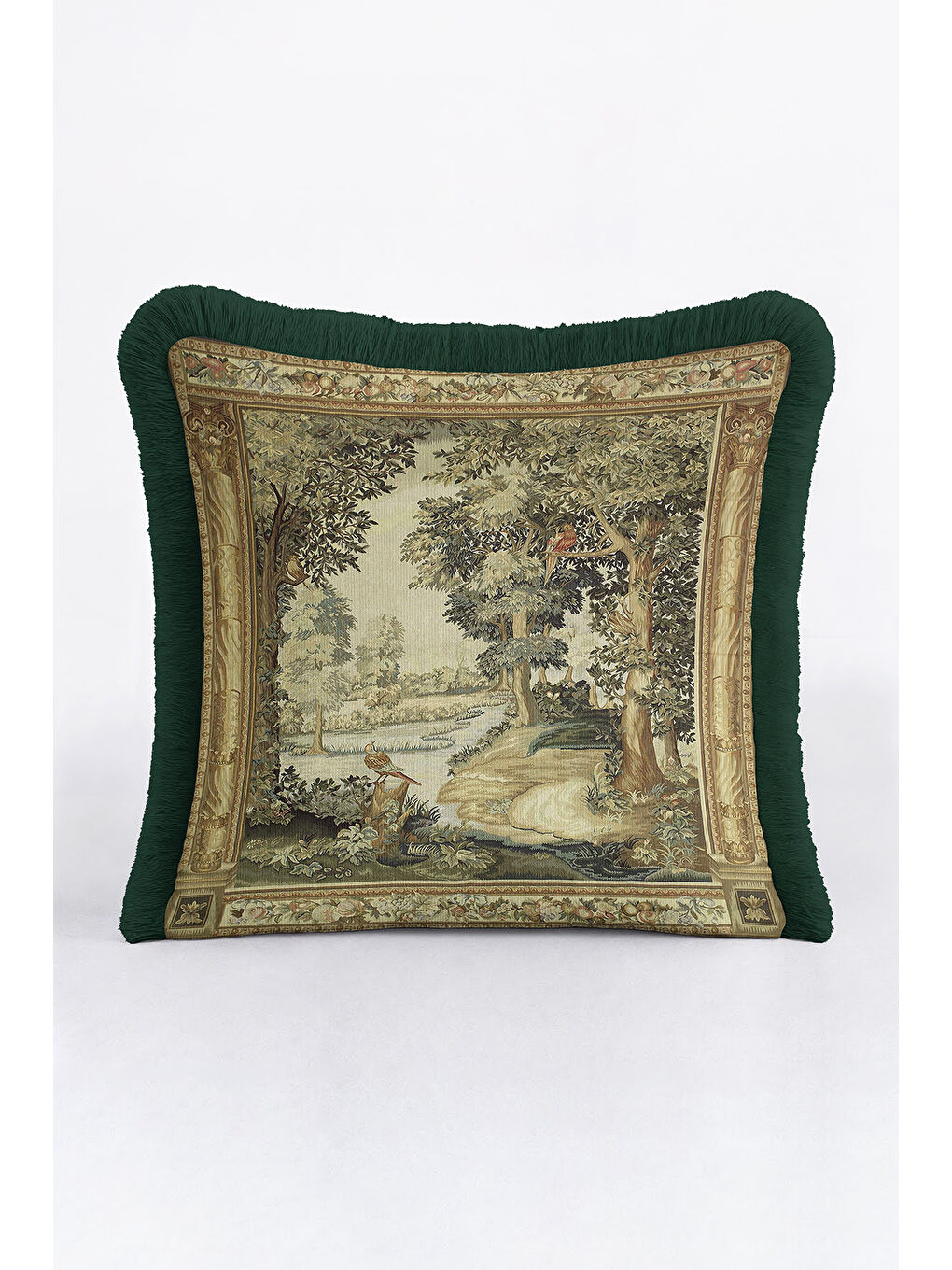 Karışık Avangart Doğal Manzara Saçaklı Yastık Kılıfı - Klasik Vintage Yeşil Gold Renk Püsküllü Kırlent Kılıf-3