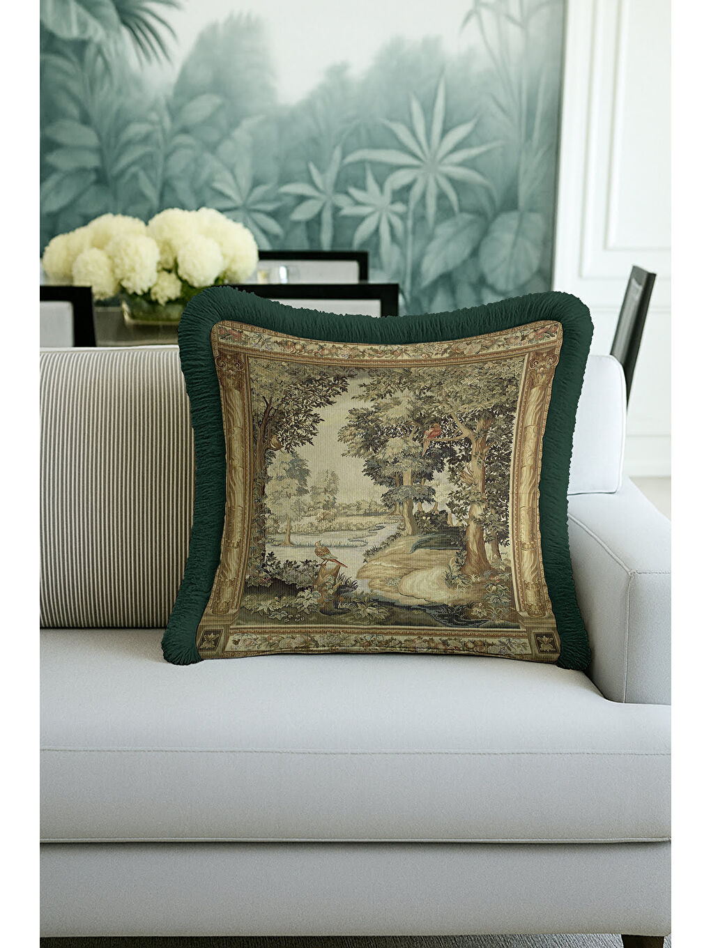 Karışık Avangart Doğal Manzara Saçaklı Yastık Kılıfı - Klasik Vintage Yeşil Gold Renk Püsküllü Kırlent Kılıf-4