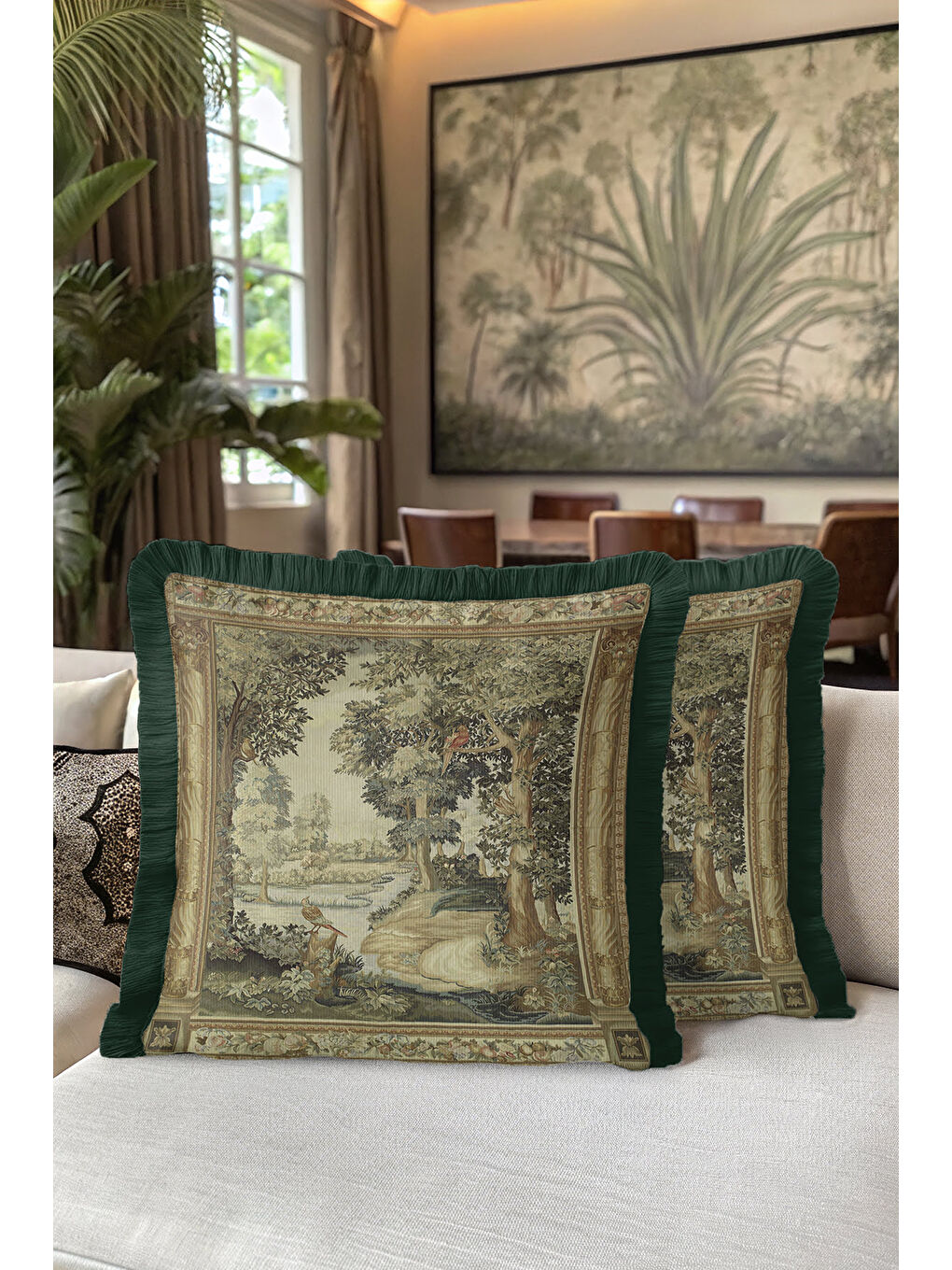 Karışık Avangart Doğal Manzara Saçaklı Yastık Kılıfı - Klasik Vintage Yeşil Gold Renk Püsküllü Kırlent Kılıf-5