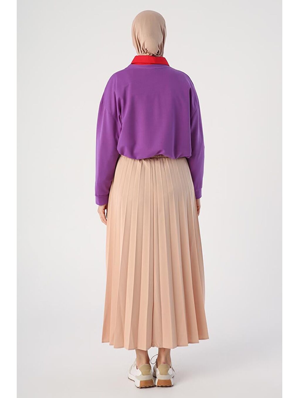 Bej Beli Lastikli Örme Plise Etek-1