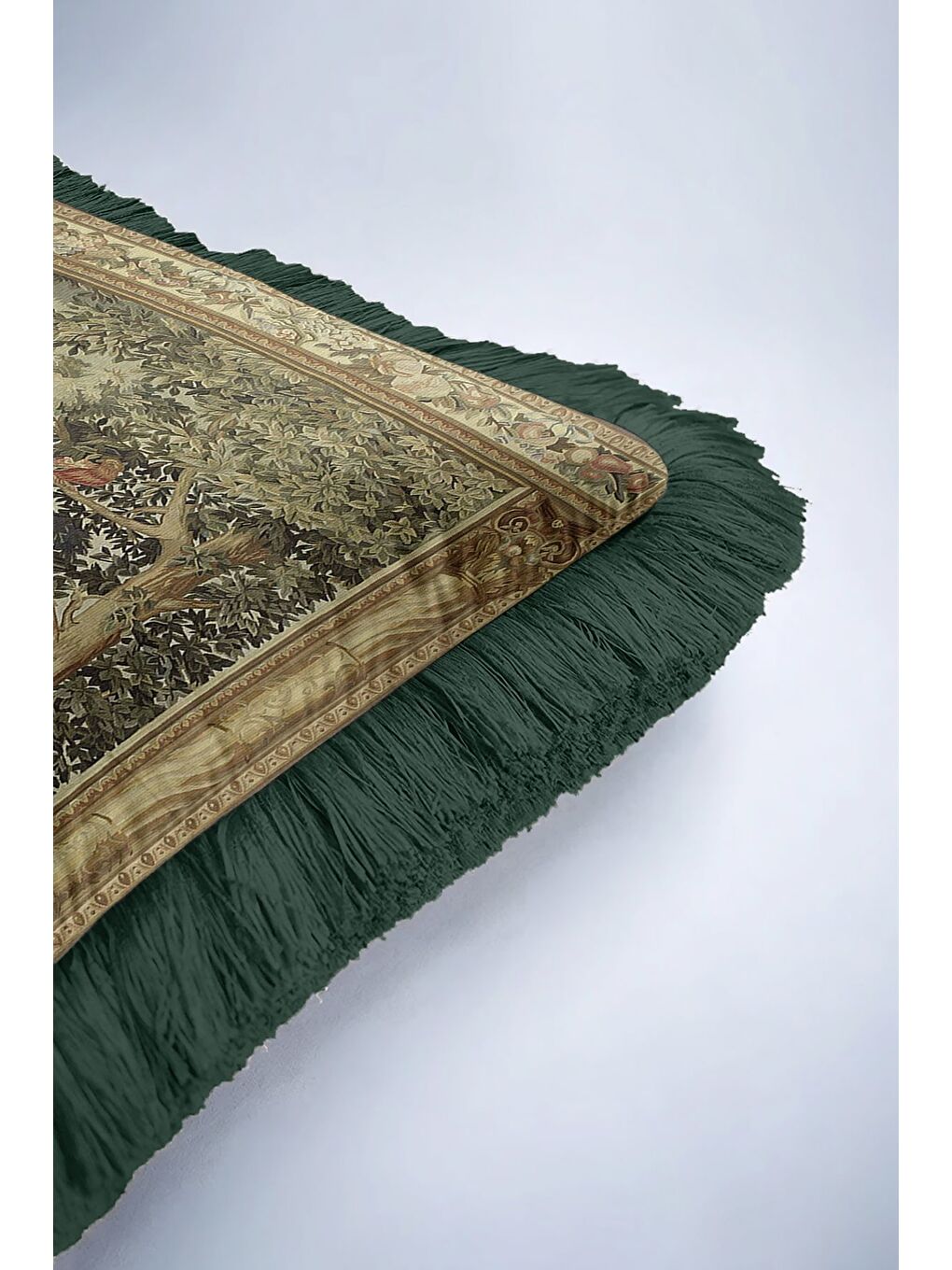 Karışık Avangart Doğal Manzara Saçaklı Yastık Kılıfı - Klasik Vintage Yeşil Gold Renk Püsküllü Kırlent Kılıf-6