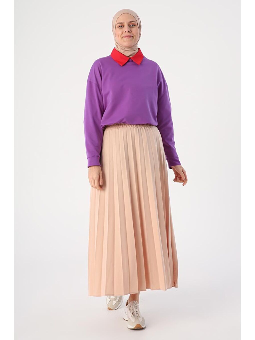 Bej Beli Lastikli Örme Plise Etek-3