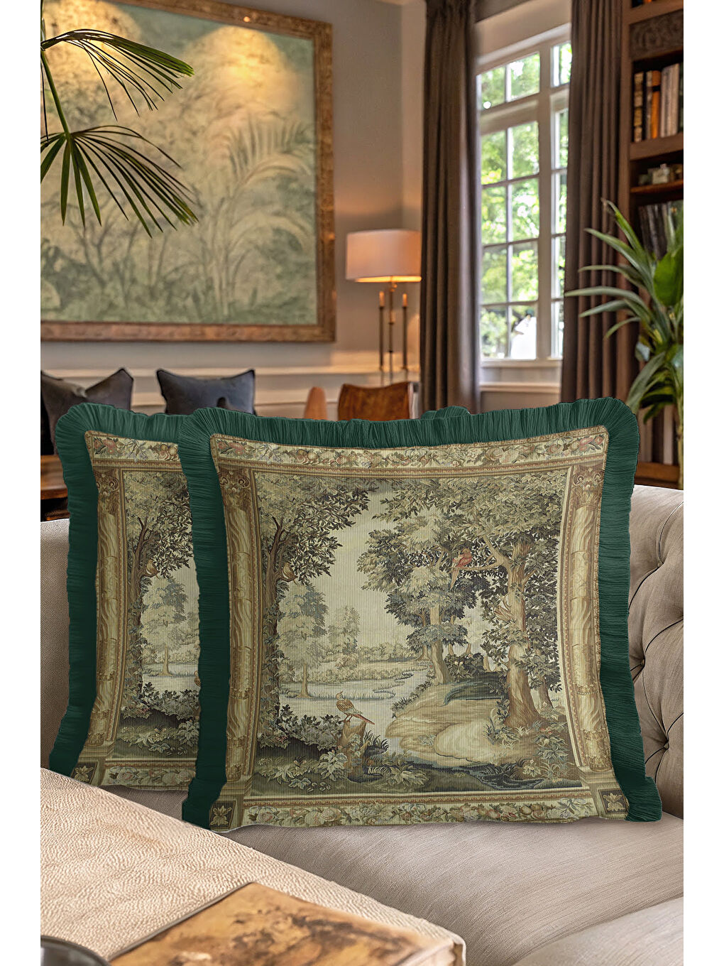 Karışık Avangart Doğal Manzara Saçaklı Yastık Kılıfı - Klasik Vintage Yeşil Gold Renk Püsküllü Kırlent Kılıf-7